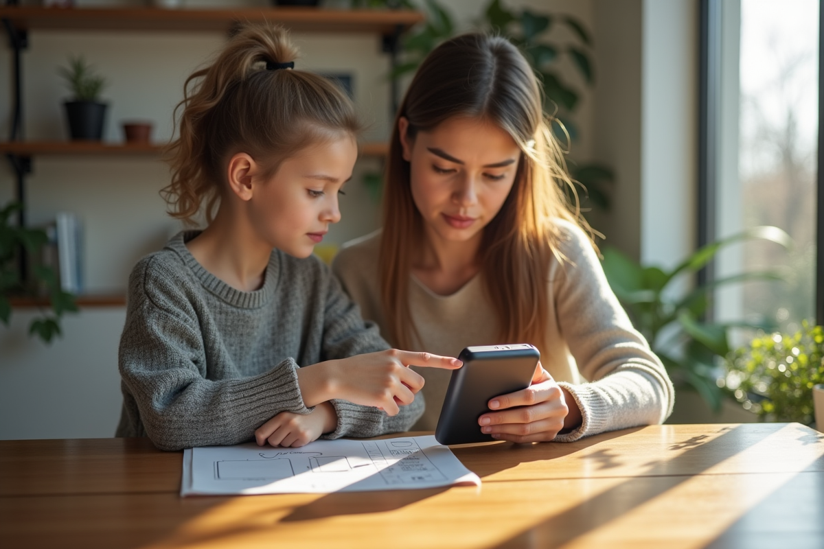 Jeune femme examinant un powerbank dans un salon lumineux