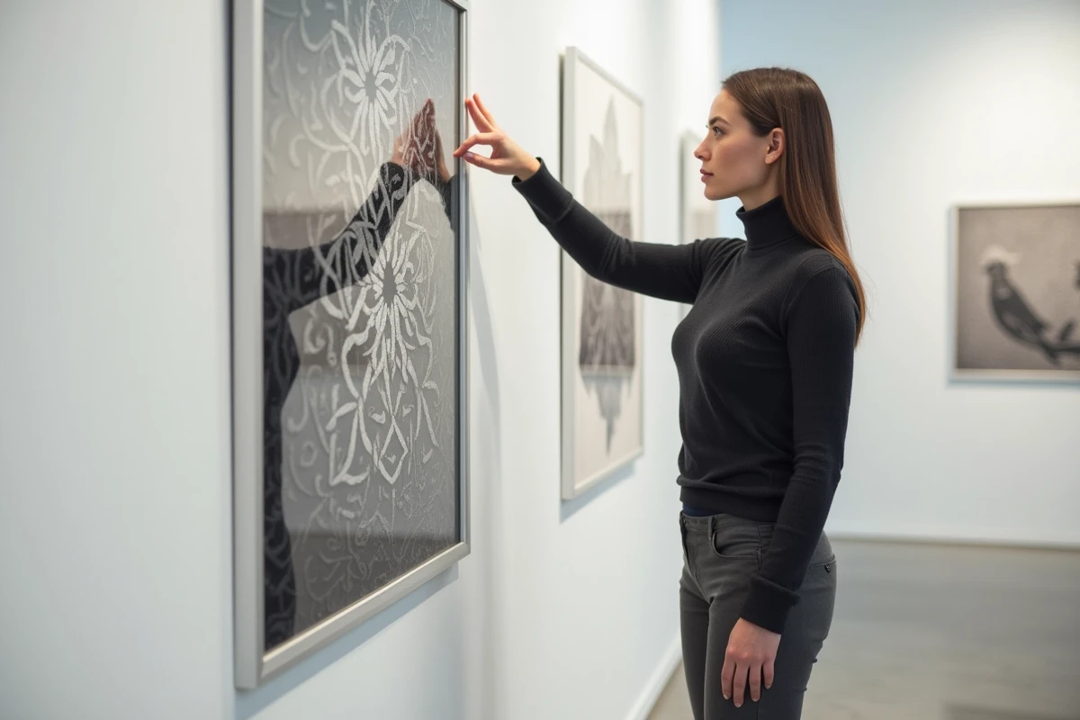 Femme observant une reproduction d'une œuvre de tessellation d'Escher dans une galerie d'art contemporaine épurée