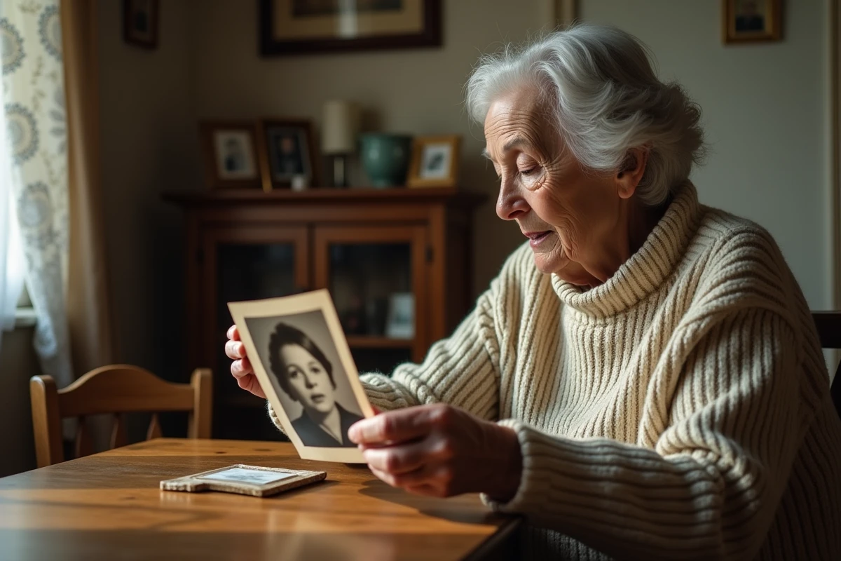 Femme âgée regardant photo d