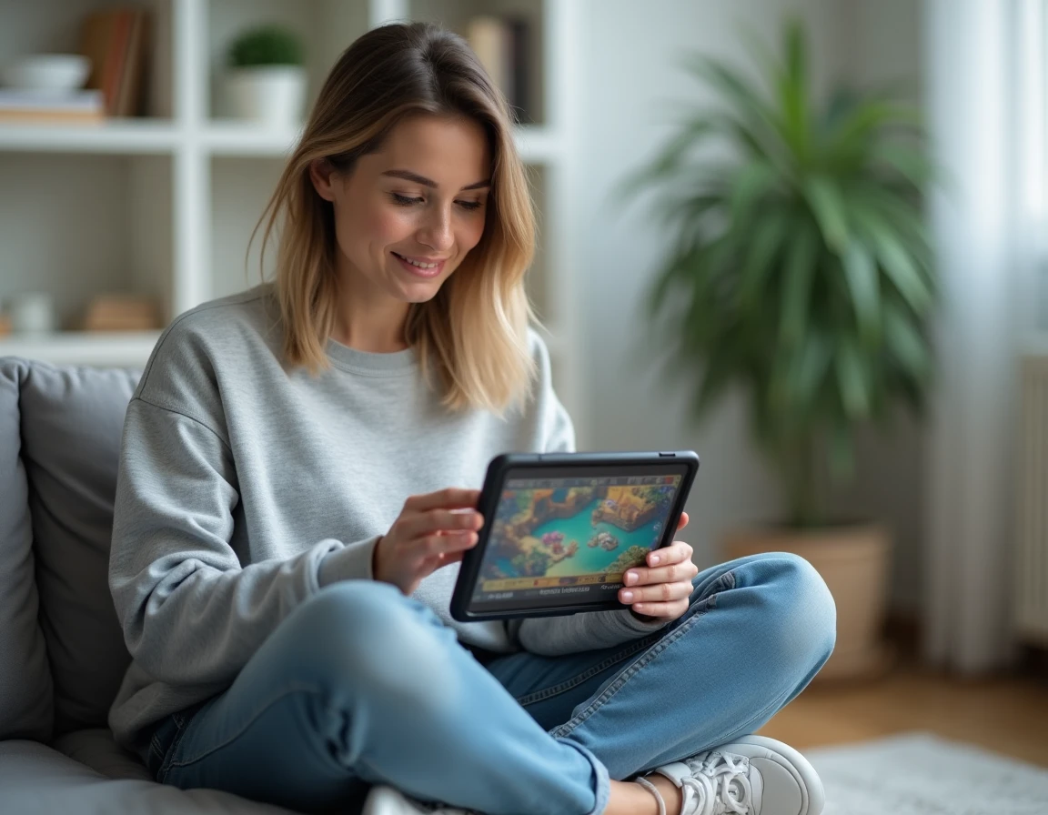 Femme jouant à un jeu mobile sur tablette assise sur un canapé gris dans un appartement moderne