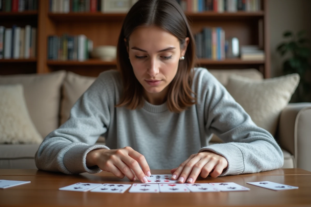 Femme concentrée posant une carte sur une séquence lors d'une partie de crapette sur une table basse de salon