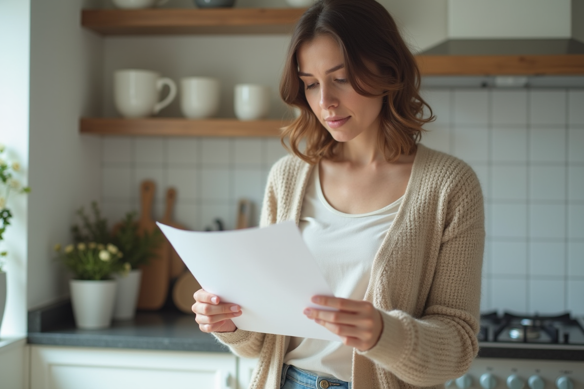 Femme regardant une lettre de solde de tout compte à la maison