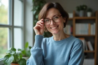 Femme d'âge moyen ajustant ses lunettes dans un bureau lumineux