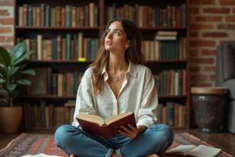 Femme lisant un livre de citations philosophiques dans une bibliothèque personnelle chaleureuse