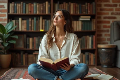 Femme lisant un livre de citations philosophiques dans une bibliothèque personnelle chaleureuse