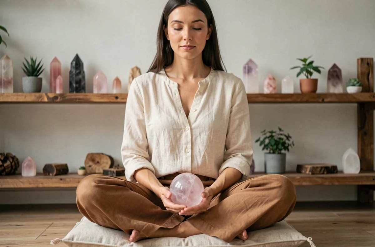 Femme en méditation tenant une sphère de quartz rose, entourée de pierres naturelles et cristaux sur une étagère en bois