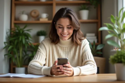 Jeune femme souriante qui envoie un message de remerciement avec des emojis sur son smartphone dans un bureau à domicile chaleureux