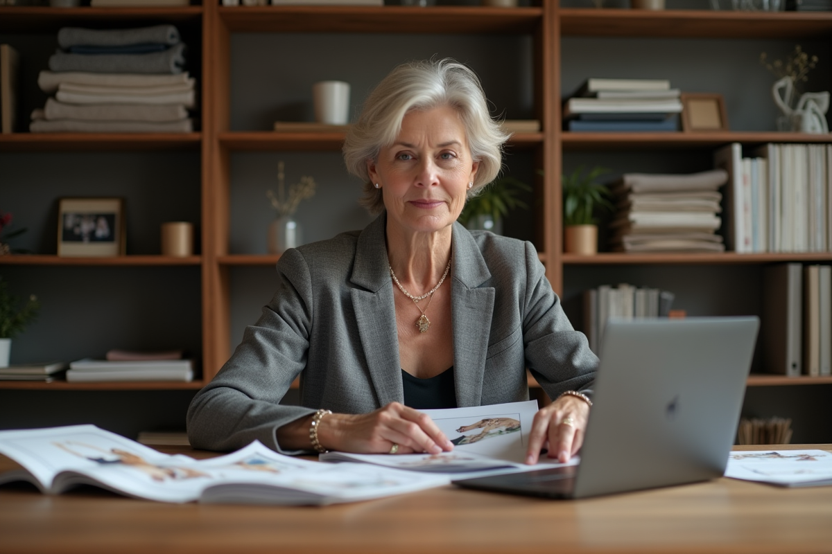 Femme fashion editor analysant des lookbooks en studio