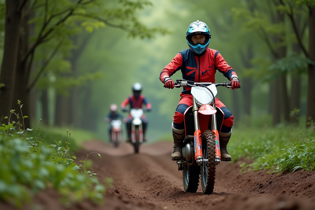Femme motocross sur sentier forestier avec bike coloré