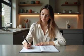 Jeune femme note des conversions d'eau dans la cuisine