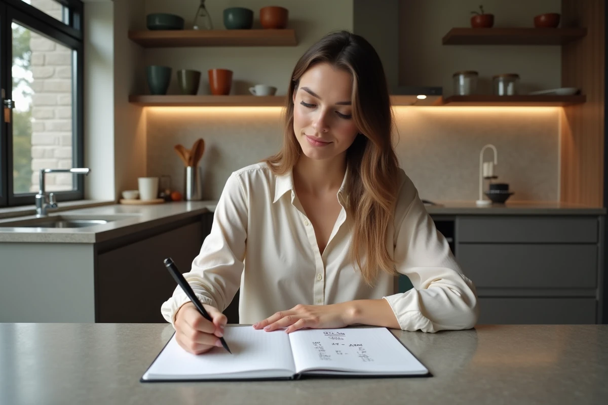 Jeune femme note des conversions d'eau dans la cuisine