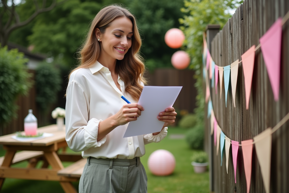 Femme arrangeant décorations de fête dans un jardin ensoleille
