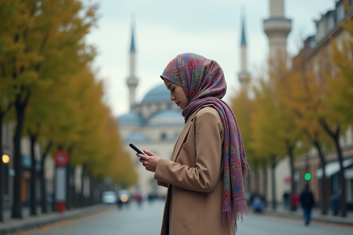 Jeune femme vérifiant l heure de prière devant la mosquée