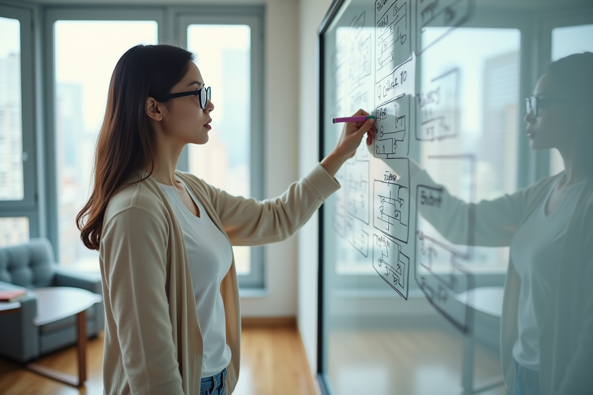 Jeune femme concentrée devant un tableau blanc