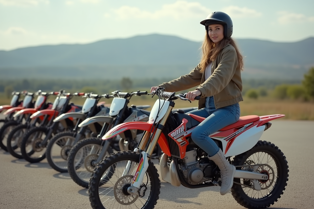 Jeune femme assise sur une moto tout-terrain au bord du lot
