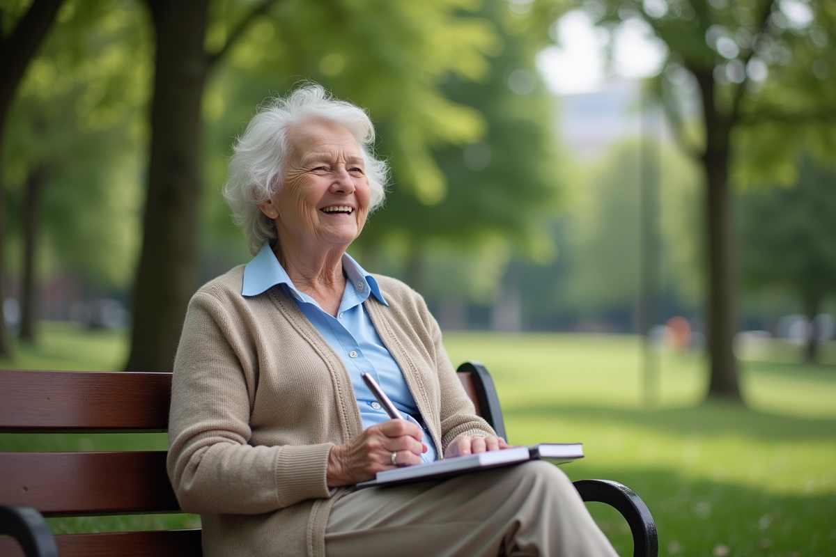 Femme retraitée souriante assise dans un parc verdoyant