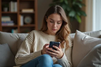 Femme en salon regardant son smartphone avec l'heure 18h18