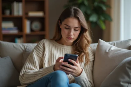 Femme en salon regardant son smartphone avec l'heure 18h18