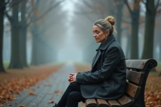 Femme seule assise sur un banc en automne dans un parc brumeux, exprimant tristesse et solitude, illustration de citations sur la solitude