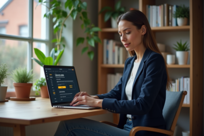 Femme en bureau cosy vérifiant ses paramètres de confidentialité