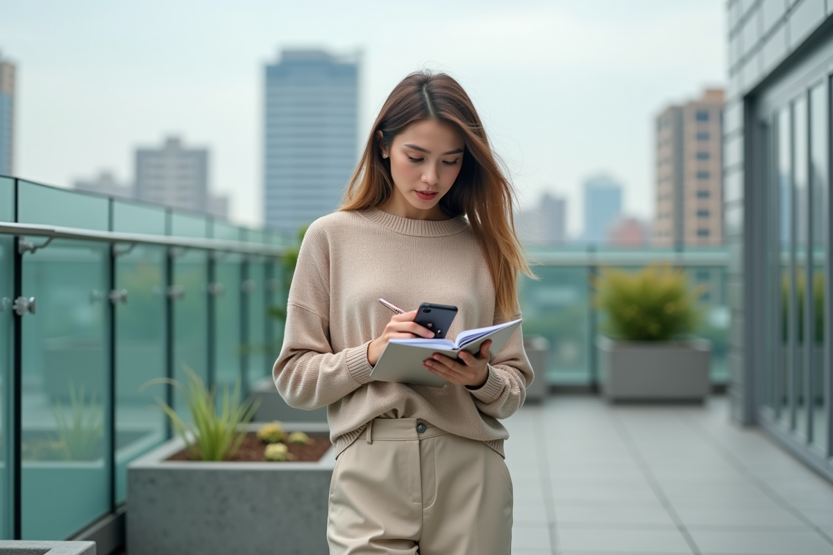 Jeune femme sur un toit en ville utilisant son smartphone