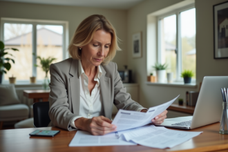 Femme d'âge moyen analysant un rapport immobilier à la maison