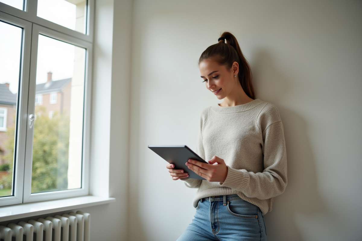 Jeune femme vérifiant une checklist près de fenêtres rénovées
