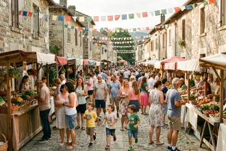 Fête de village animée en Aveyron avec stands artisanaux et habitants dans une place pavée décorée de guirlandes colorées