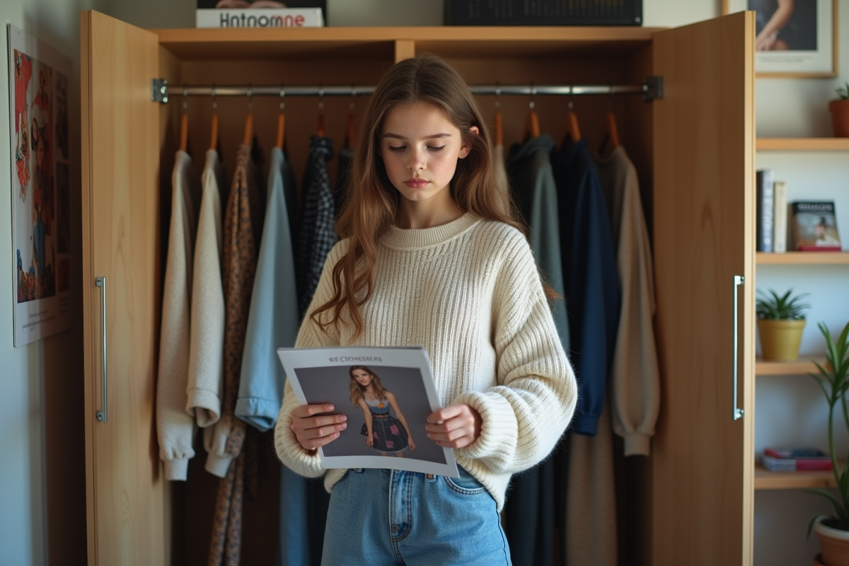 Jeune fille française choisissant ses vêtements dans sa chambre