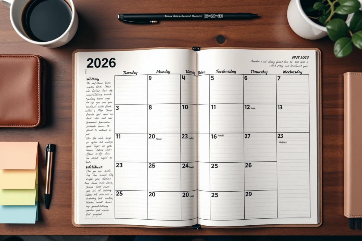 Vue aérienne d'un bureau avec un calendrier 2026 mensuel ouvert, un agenda en cuir, des notes autocollantes et un café noir sur bois sombre