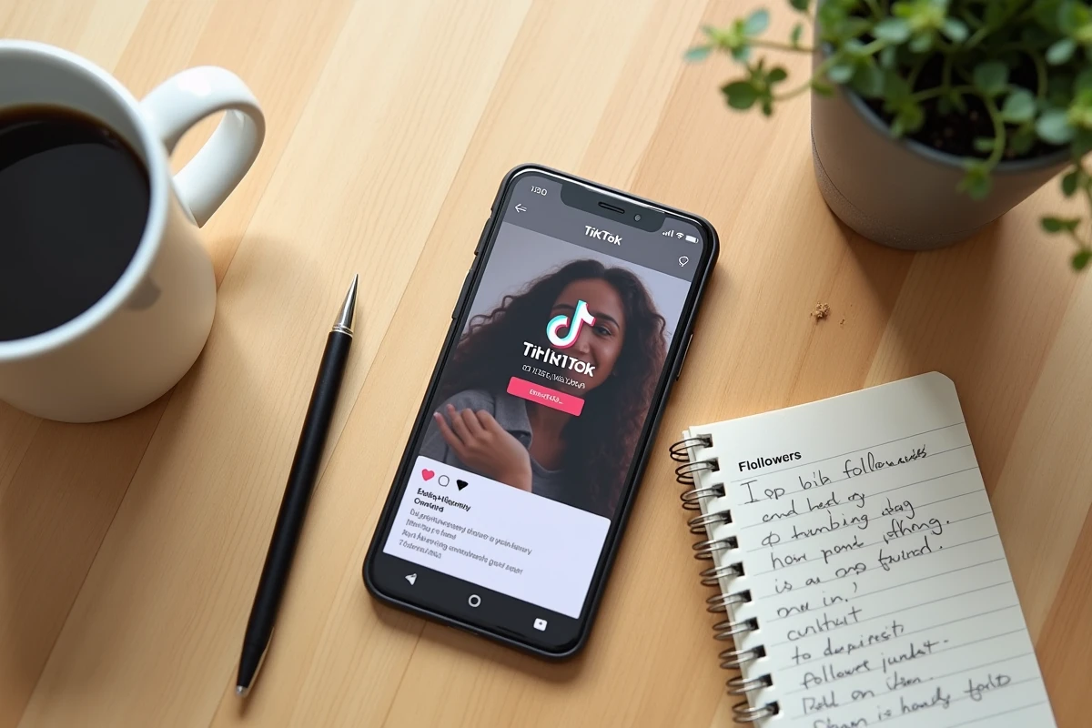 Vue de dessus d'un smartphone affichant un profil TikTok avec des notes manuscrites sur une table en bois pour planifier une stratégie d'abonnés