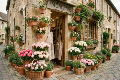 Devanture d'une fleuriste typique dans l'Oise avec des fleurs colorées et des plantes sur le trottoir