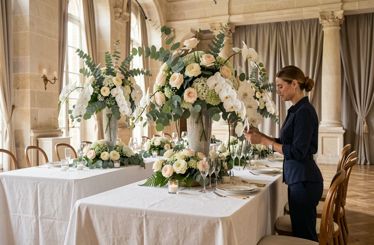 Décoration florale événementielle élégante pour un mariage réalisée par Flor & Sens à Compiègne