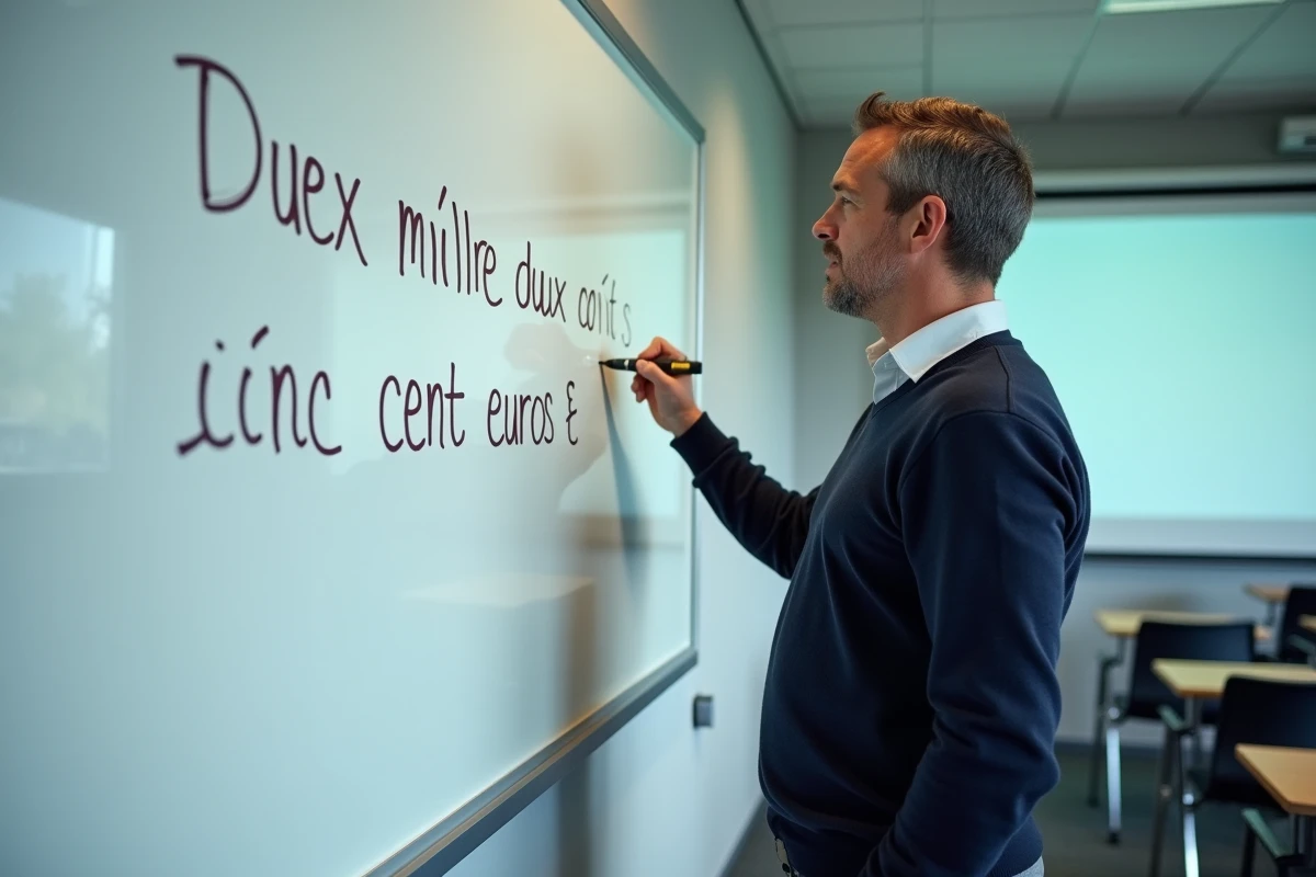 Homme devant un tableau blanc expliquant la règle d'orthographe de deux mille cinq cents euros dans une salle de formation