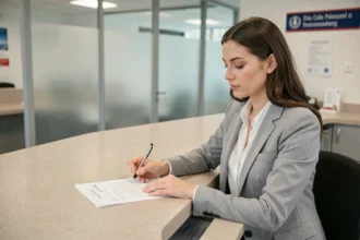 Femme remplissant un formulaire administratif au guichet d'un service public français pour obtenir un titre officiel via l'ANTS