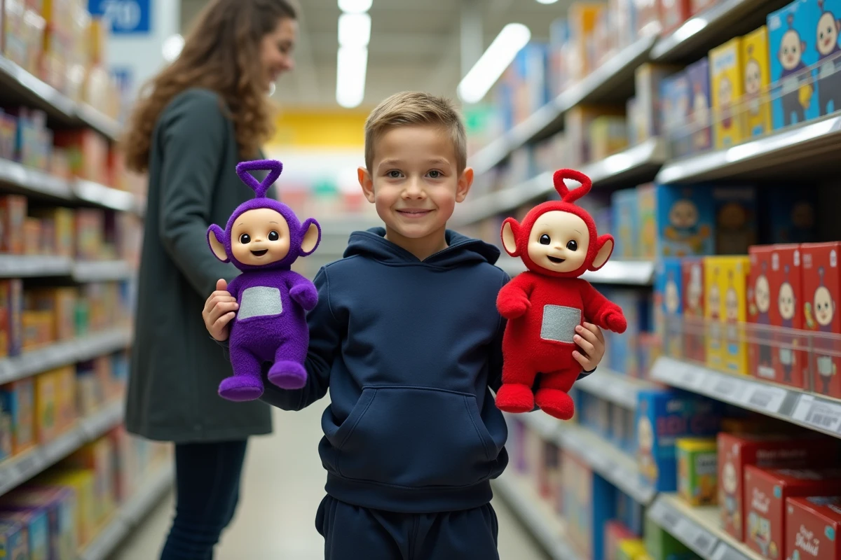 Garçon de 7 ans montrant des jouets teletubby en supermarche
