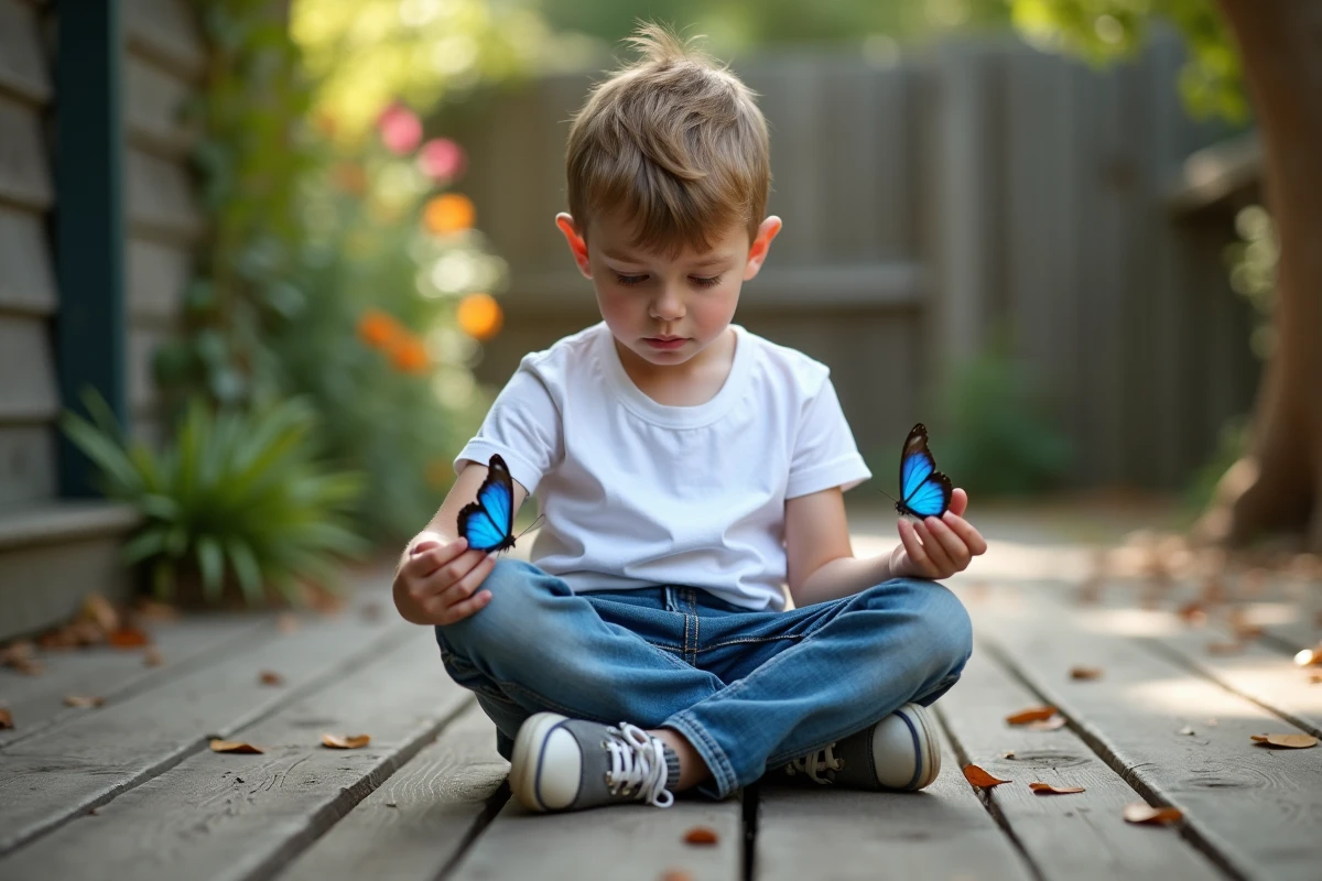 Garçon regardant un papillon sur son genou dans le jardin