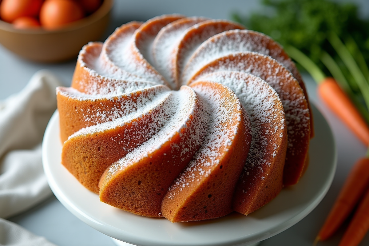 Gâteau à la carotte entier sur un support blanc avec décor de carottes