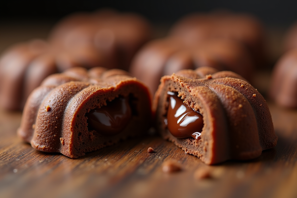 Gâteau chocolat craquelin coupé révélant la garniture fondante