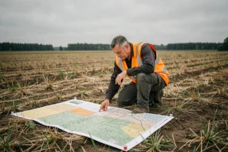 Géomètre expert analysant un plan cadastral sur le terrain agricole de 10 hectares