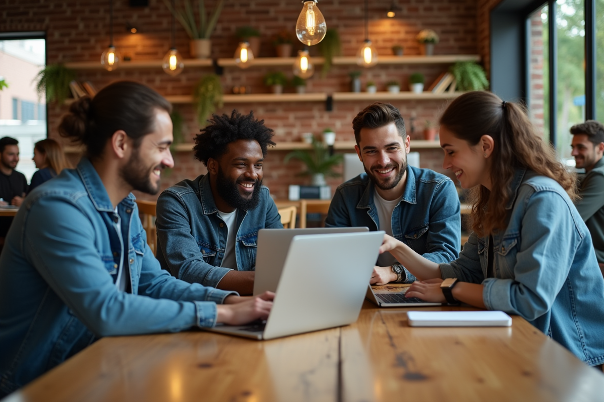 Groupe de jeunes adultes collaborant autour d un ordinateur dans un café