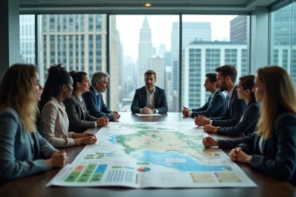 Groupe de personnes discutant autour d'une carte environnementale