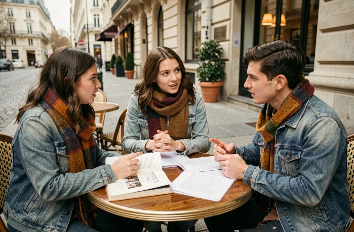 Groupe d'étudiants discutant du Rouge et le Noir de Stendhal autour d'une table de café parisien en terrasse