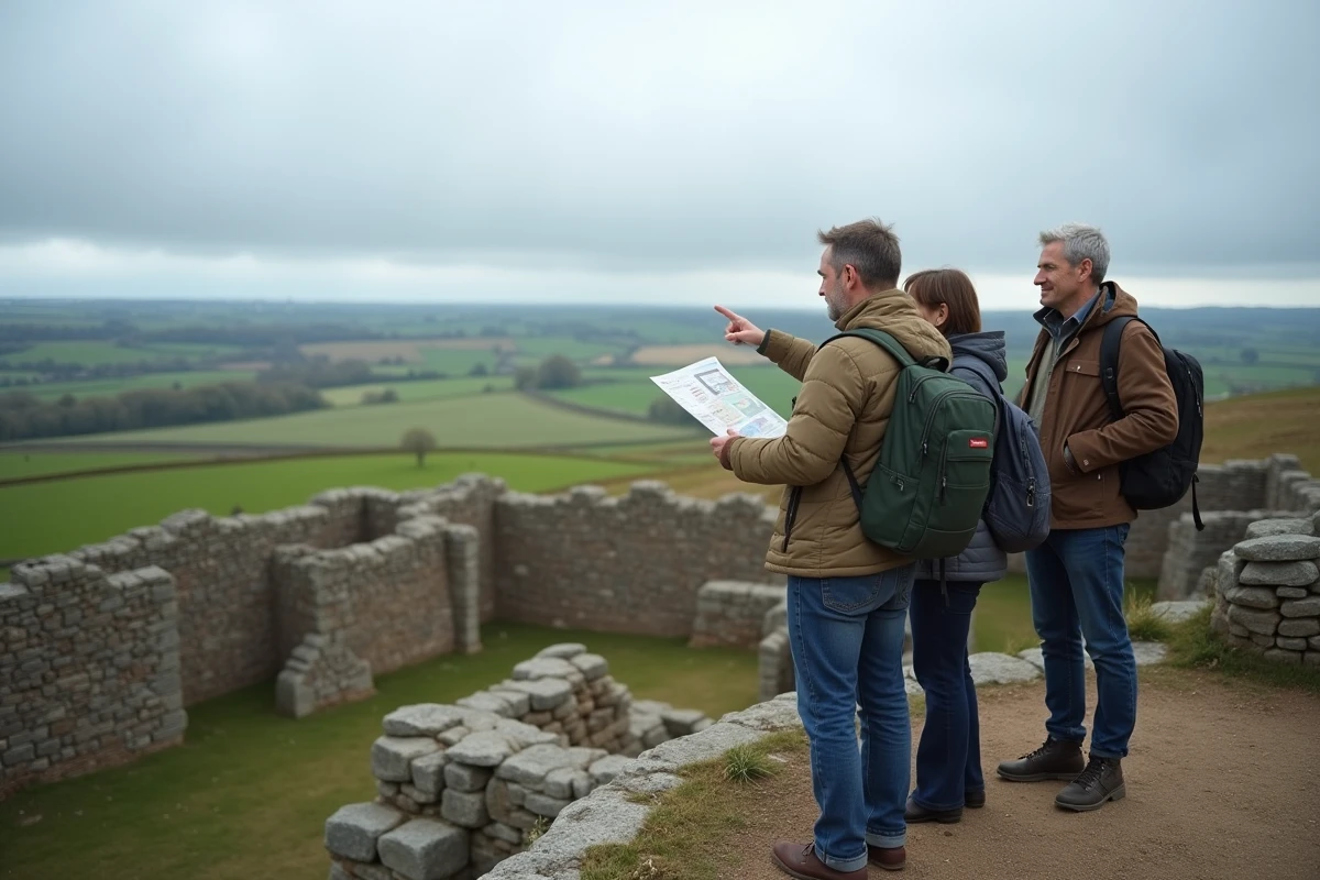 Groupe de visiteurs adultes observant les vestiges des fondations du site ASPOLT au Kerfent depuis une terrasse en terre avec vue sur le paysage breton