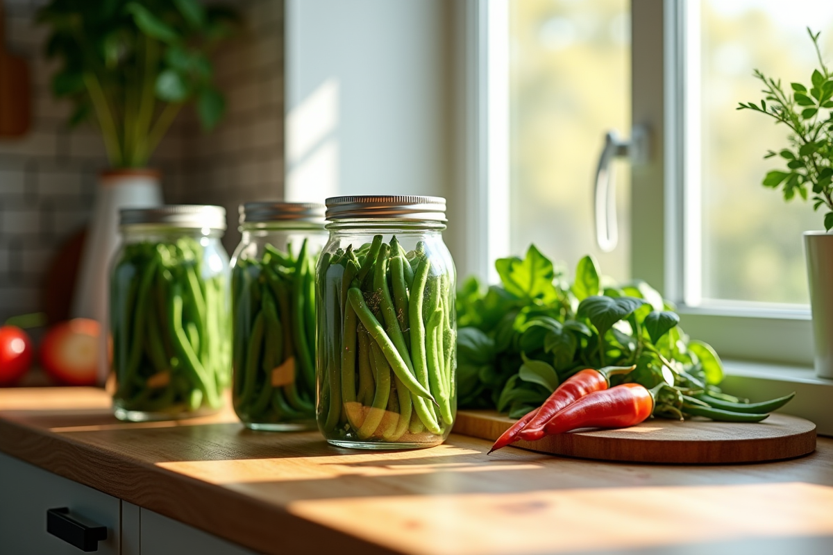 Bocaux de haricots verts sur une étagère en cuisine moderne