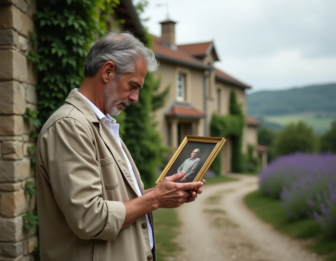 Homme tenant une vieille photo de famille devant une ferme en pierre en milieu rural français, symbole d'un héritage provincial discret