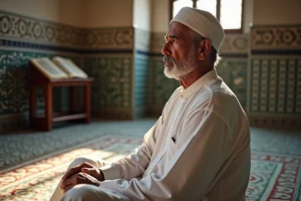 Homme âgé en djellaba blanche dans une mosquée paisible