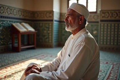 Homme âgé en djellaba blanche dans une mosquée paisible