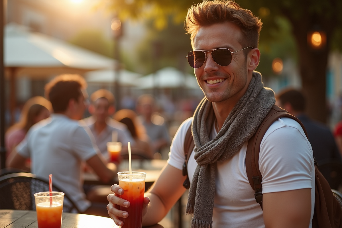 Homme en terrasse de café en après-midi avec lunettes et boisson