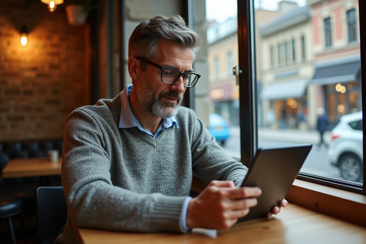 Homme au café explorant une application sur sa tablette